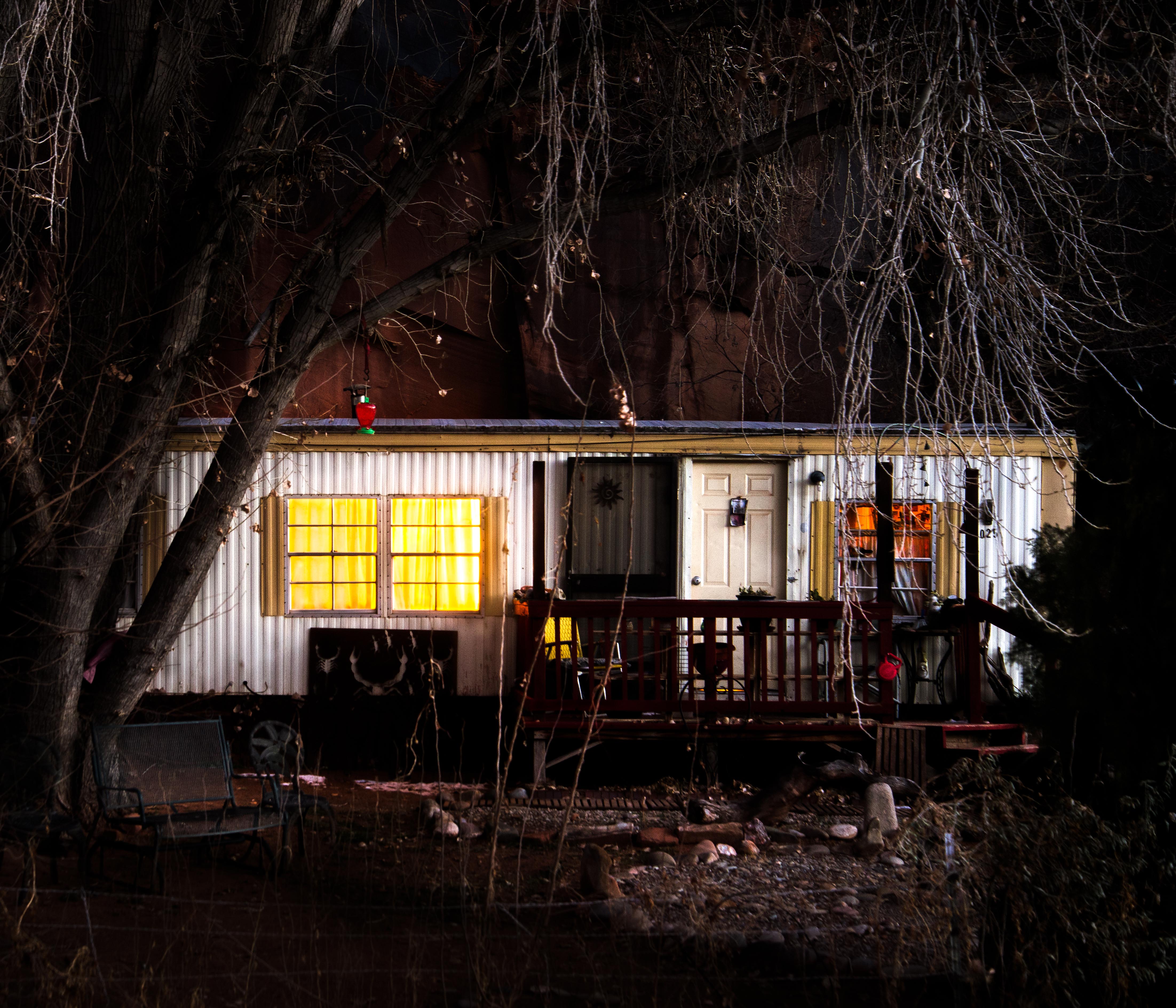 Portfolio, Moss Image Chris Moss, Art, Moss Image, Moab Photographer, mobile home in the dark with trees in front
