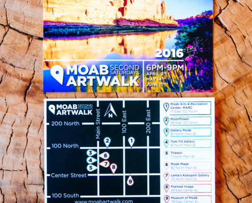 flyer of moab art walk with a wood background