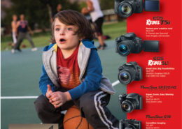 advertisement with boy sitting on basketball and cameras on the edge