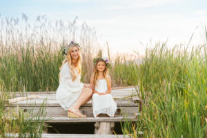 Portrait, Moss image, Chris Moss, Moab Photographer, Mother and daughter wearing white dresses with flowers in their hair while sitting on wooden steps in a field